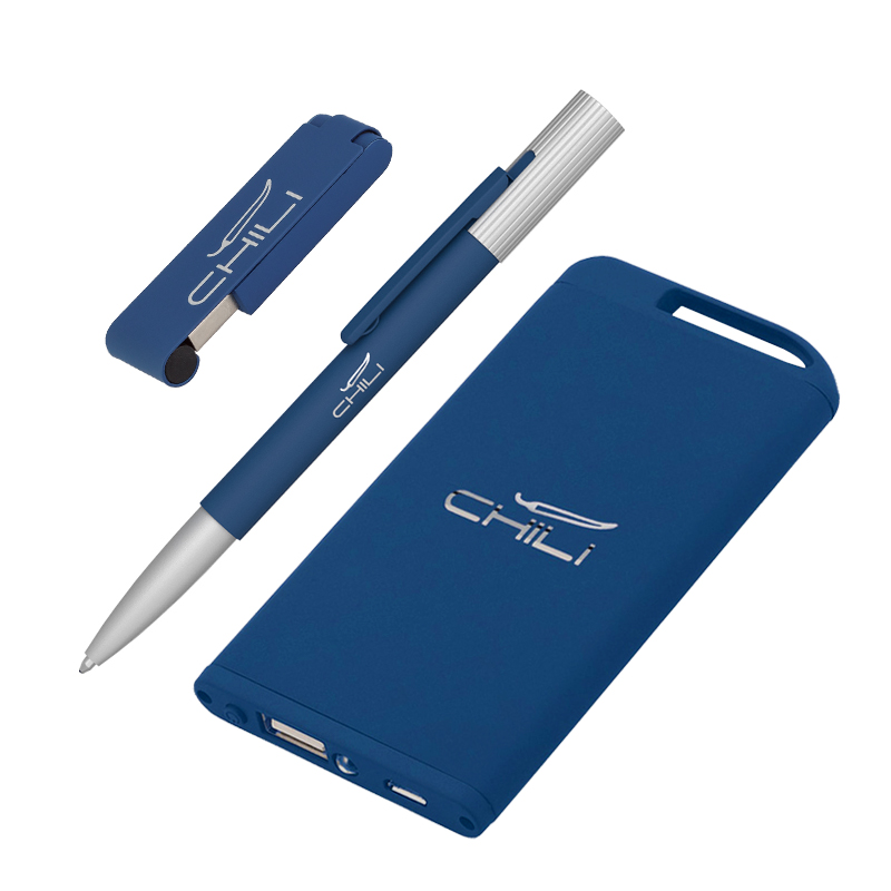 Набор ручка "Clas" + флеш-карта "Case" 8 Гб + зарядное устройство "Theta" 4000 mAh в футляре, цвет темно-синий