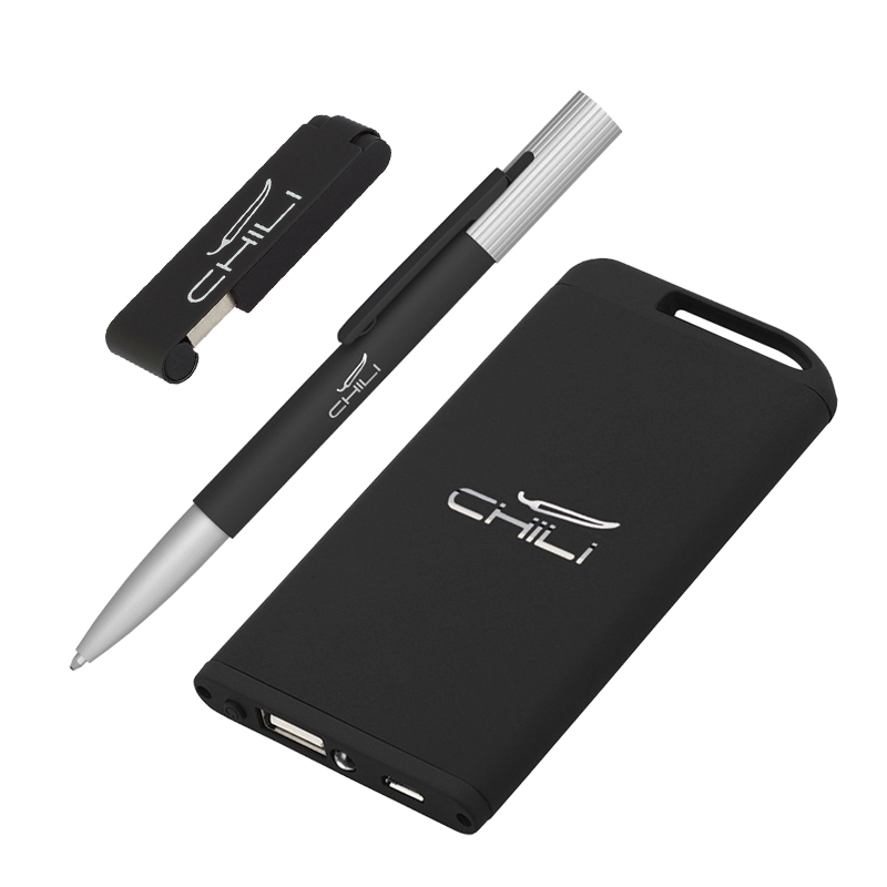 Набор ручка "Clas" + флеш-карта "Case" 8 Гб + зарядное устройство "Theta" 4000 mAh в футляре, цвет черный