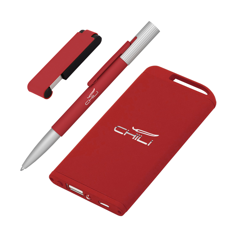 Набор ручка "Clas" + флеш-карта "Case" 8 Гб + зарядное устройство "Theta" 4000 mAh в футляре, цвет красный