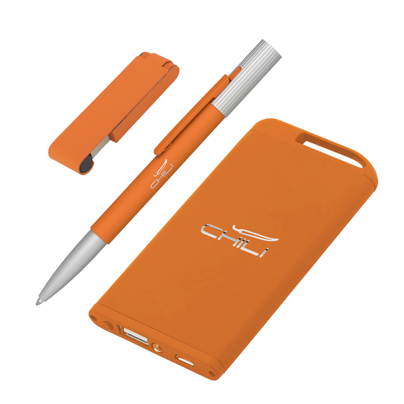 Набор ручка "Clas" + флеш-карта "Case" 8 Гб + зарядное устройство "Theta" 4000 mAh в футляре, цвет оранжевый