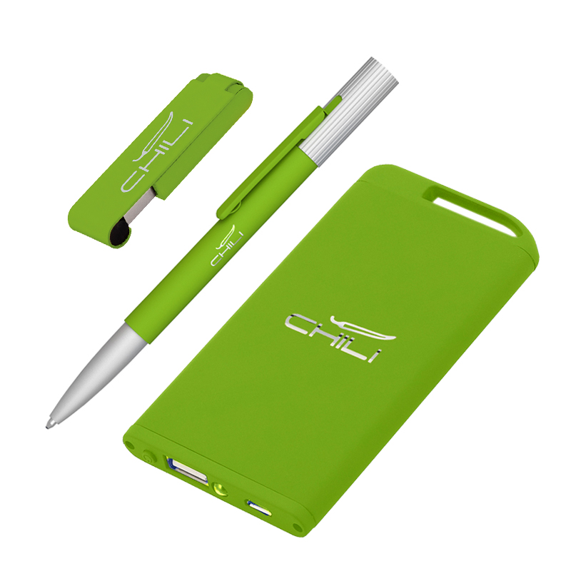 Набор ручка "Clas" + флеш-карта "Case" 8 Гб + зарядное устройство "Theta" 4000 mAh в футляре, цвет зеленое яблоко