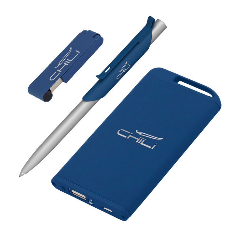 Набор ручка "Skil" + флеш-карта "Case" 8 Гб + зарядное устройство "Theta" 4000 mAh в футляре, покрыт, цвет темно-синий