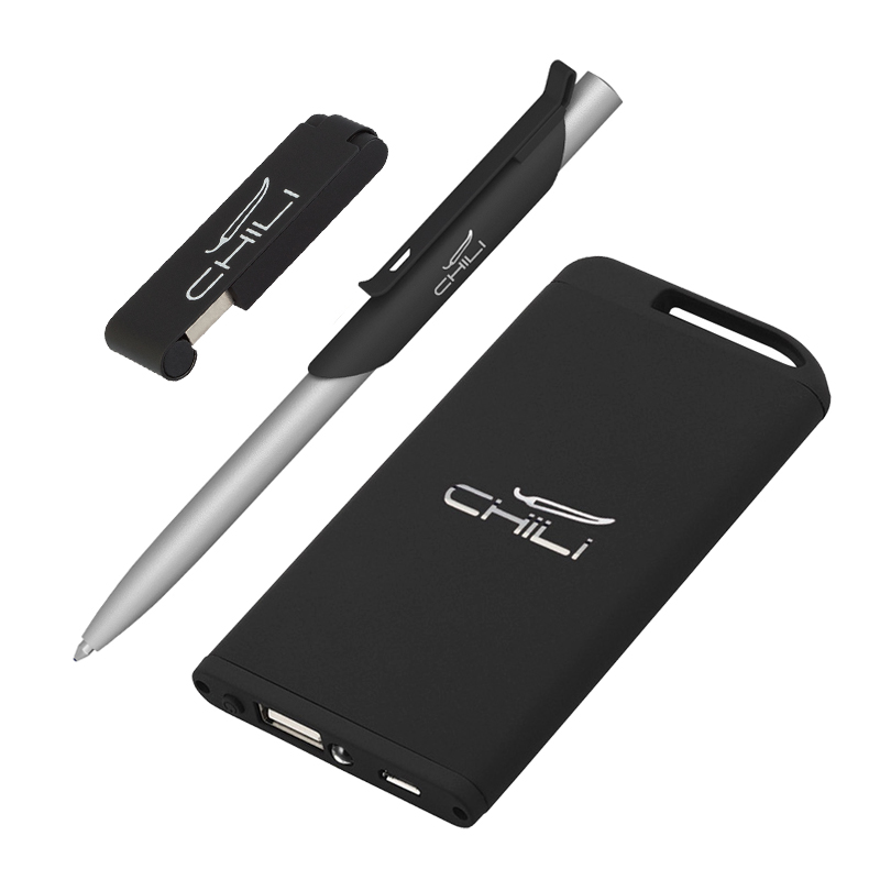 Набор ручка "Skil" + флеш-карта "Case" 8 Гб + зарядное устройство "Theta" 4000 mAh в футляре, покрыт, цвет черный