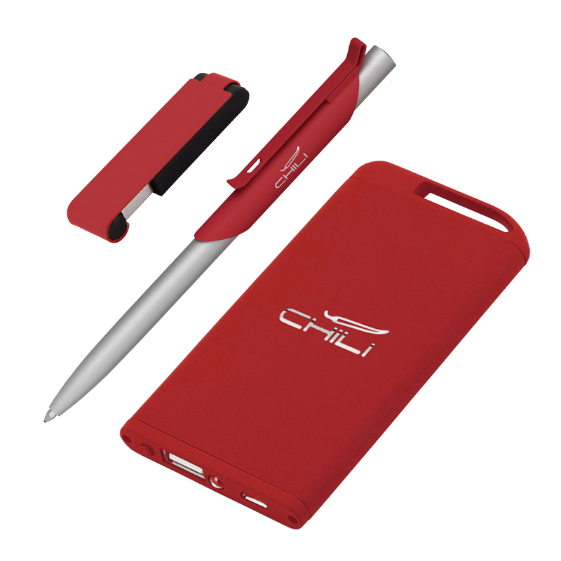 Набор ручка "Skil" + флеш-карта "Case" 8 Гб + зарядное устройство "Theta" 4000 mAh в футляре, покрыт, цвет красный
