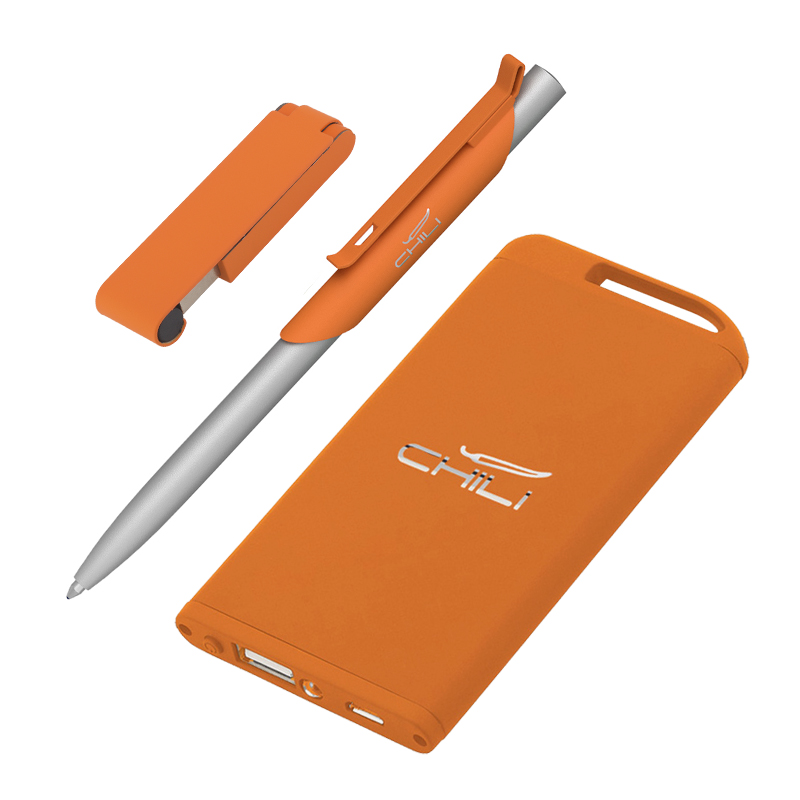 Набор ручка "Skil" + флеш-карта "Case" 8 Гб + зарядное устройство "Theta" 4000 mAh в футляре, покрыт, цвет оранжевый