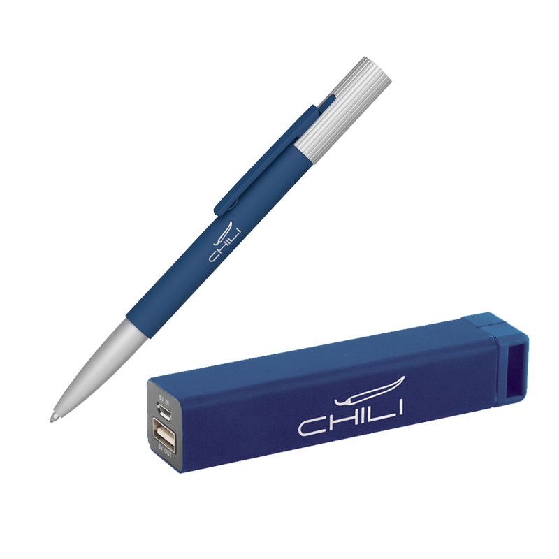 Набор ручка "Clas" + зарядное устройство "Chida" 2800 mAh в футляре, покрытие soft touch, цвет темно-синий