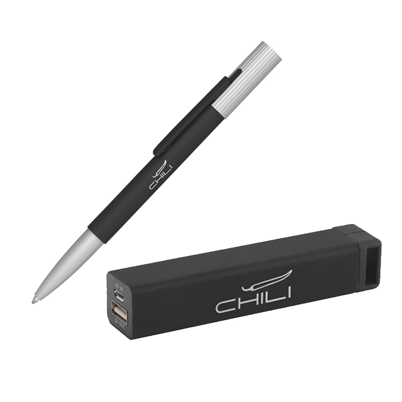 Набор ручка "Clas" + зарядное устройство "Chida" 2800 mAh в футляре, покрытие soft touch, цвет черный