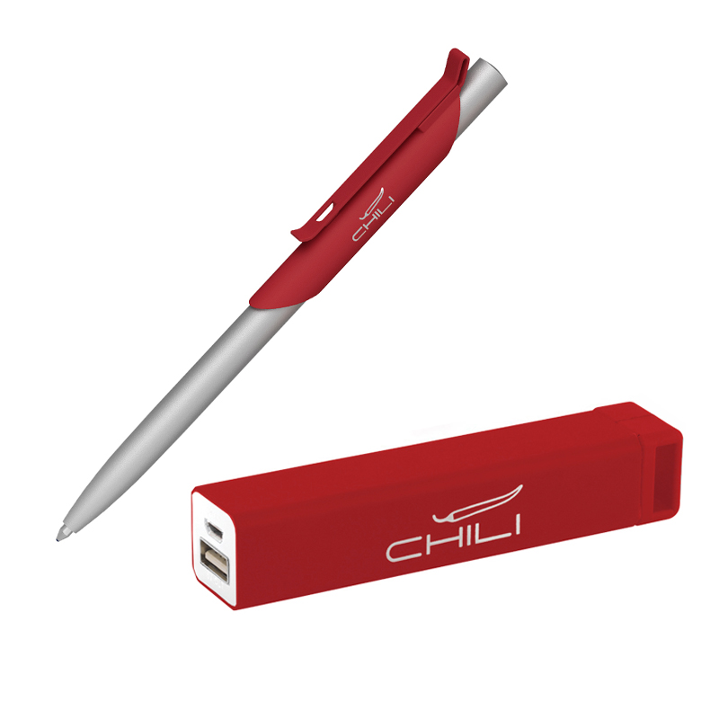 Набор ручка "Skil" + зарядное устройство "Chida" 2800 mAh в футляре, покрытие soft touch, цвет красный