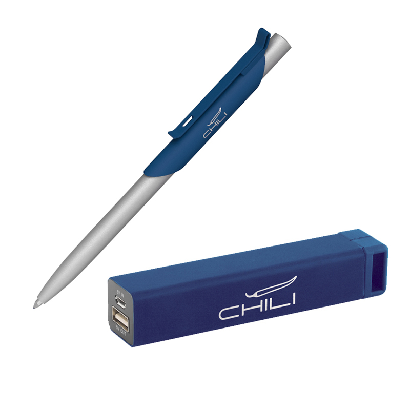 Набор ручка "Skil" + зарядное устройство "Chida" 2800 mAh в футляре, покрытие soft touch, цвет темно-синий