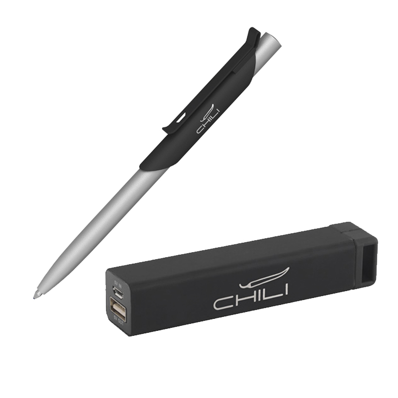 Набор ручка "Skil" + зарядное устройство "Chida" 2800 mAh в футляре, покрытие soft touch, цвет черный