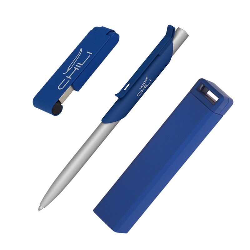 Набор ручка "Skil" + флешка "Case" 8Гб + зарядное устройство "Chida", емкость 2800 mAh, в футляре, цвет темно-синий