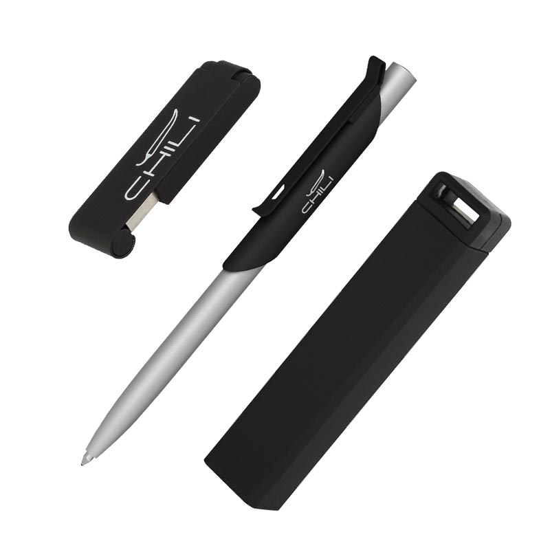 Набор ручка "Skil" + флешка "Case" 8Гб + зарядное устройство "Chida", емкость 2800 mAh, в футляре, цвет черный