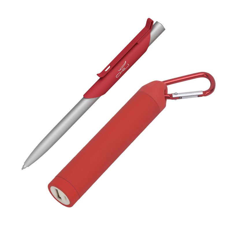 Набор ручка "Skil" + зарядное устройство "Minty" 2800 mAh в футляре, покрытие soft touch, цвет красный