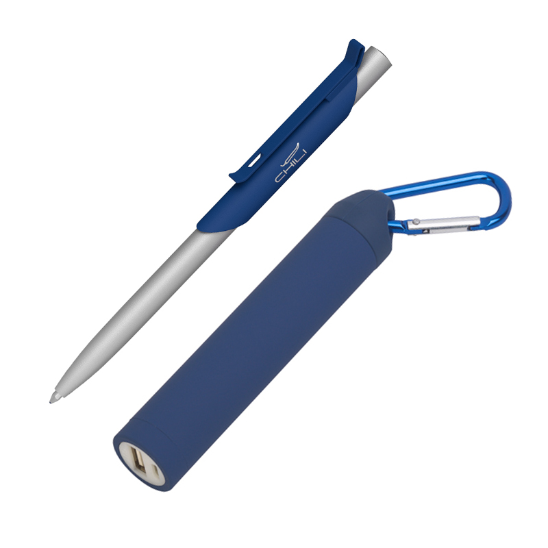 Набор ручка "Skil" + зарядное устройство "Minty" 2800 mAh в футляре, покрытие soft touch, цвет темно-синий