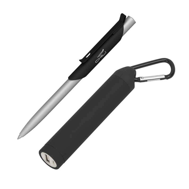 Набор ручка "Skil" + зарядное устройство "Minty" 2800 mAh в футляре, покрытие soft touch, цвет черный