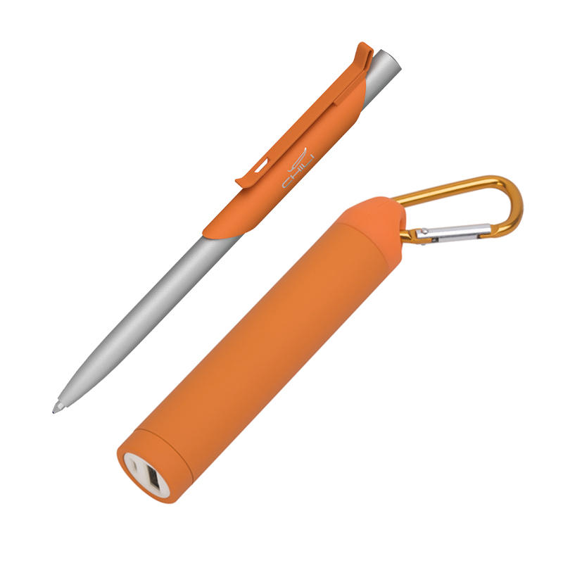 Набор ручка "Skil" + зарядное устройство "Minty" 2800 mAh в футляре, покрытие soft touch, цвет оранжевый