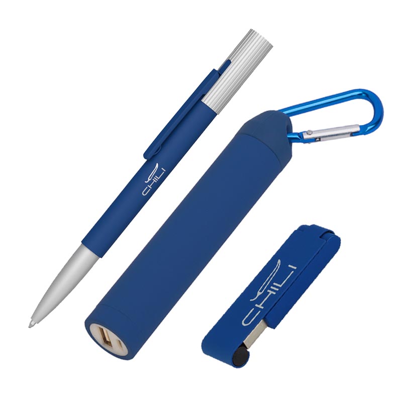 Набор ручка "Clas" + флеш-карта "Case" 8Гб + зарядное устройство "Minty", емкость 2800 mAh, в футляре, цвет темно-синий