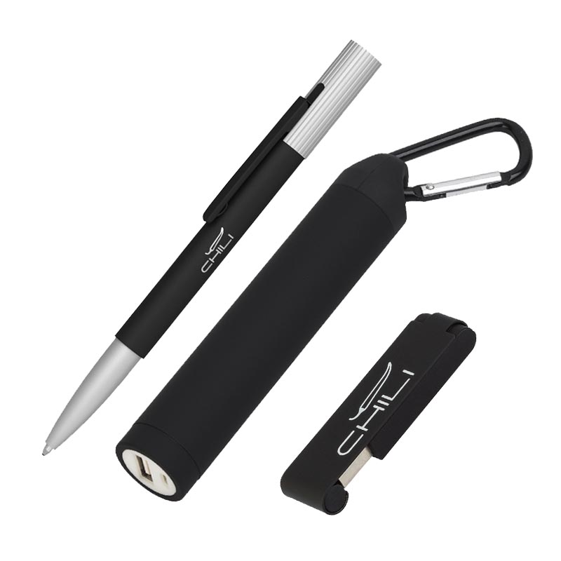 Набор ручка "Clas" + флеш-карта "Case" 8Гб + зарядное устройство "Minty", емкость 2800 mAh, в футляре, цвет черный
