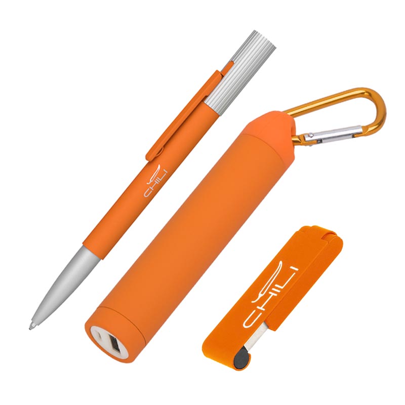 Набор ручка "Clas" + флеш-карта "Case" 8Гб + зарядное устройство "Minty", емкость 2800 mAh, в футляре, цвет оранжевый