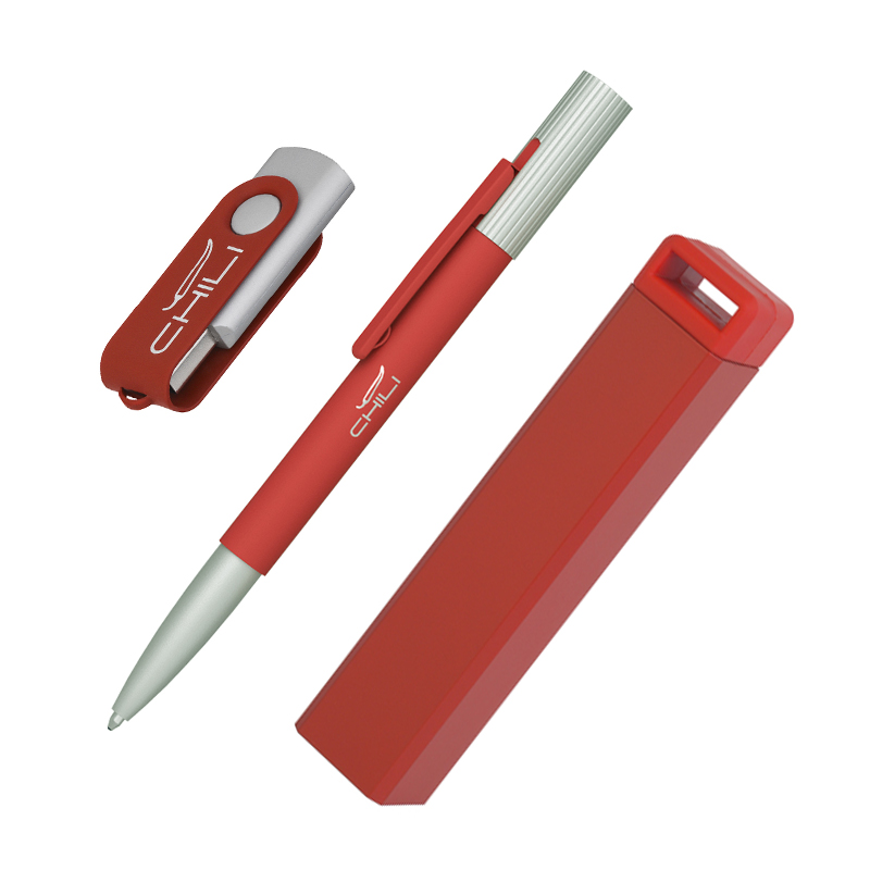 Набор ручка "Clas" + флешка "Vostok" 16Гб + зарядное устройство "Chida", емкость 2800 mAh, в футляре, цвет красный