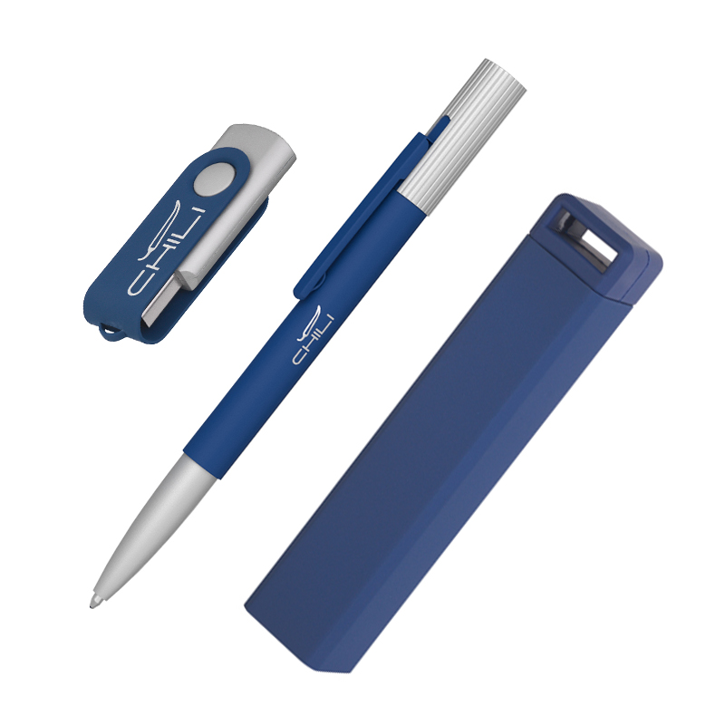 Набор ручка "Clas" + флешка "Vostok" 16Гб + зарядное устройство "Chida", емкость 2800 mAh, в футляре, цвет темно-синий