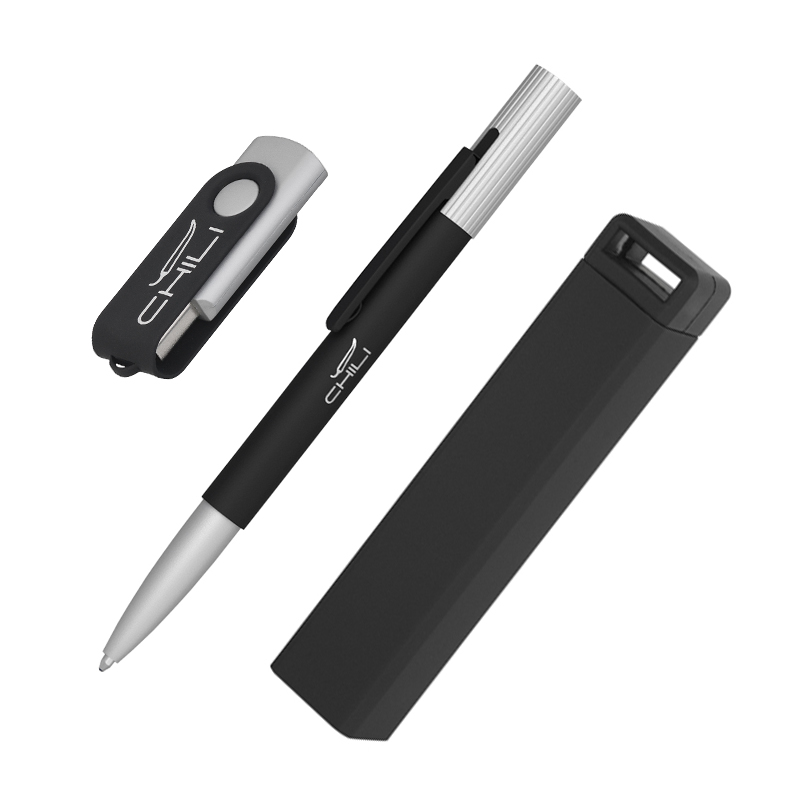 Набор ручка "Clas" + флешка "Vostok" 8Гб + зарядное устройство "Chida", емкость 2800 mAh, в футляре, цвет черный