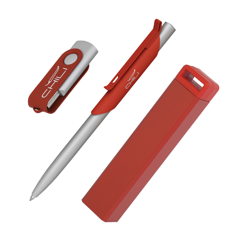 Набор ручка "Skil" + флешка "Vostok" 16Гб + зарядное устройство "Chida", емкость 2800 mAh, в футляре, цвет красный