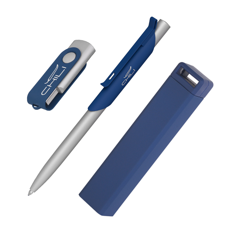 Набор ручка "Skil" + флешка "Vostok" 16Гб + зарядное устройство "Chida", емкость 2800 mAh, в футляре, цвет темно-синий