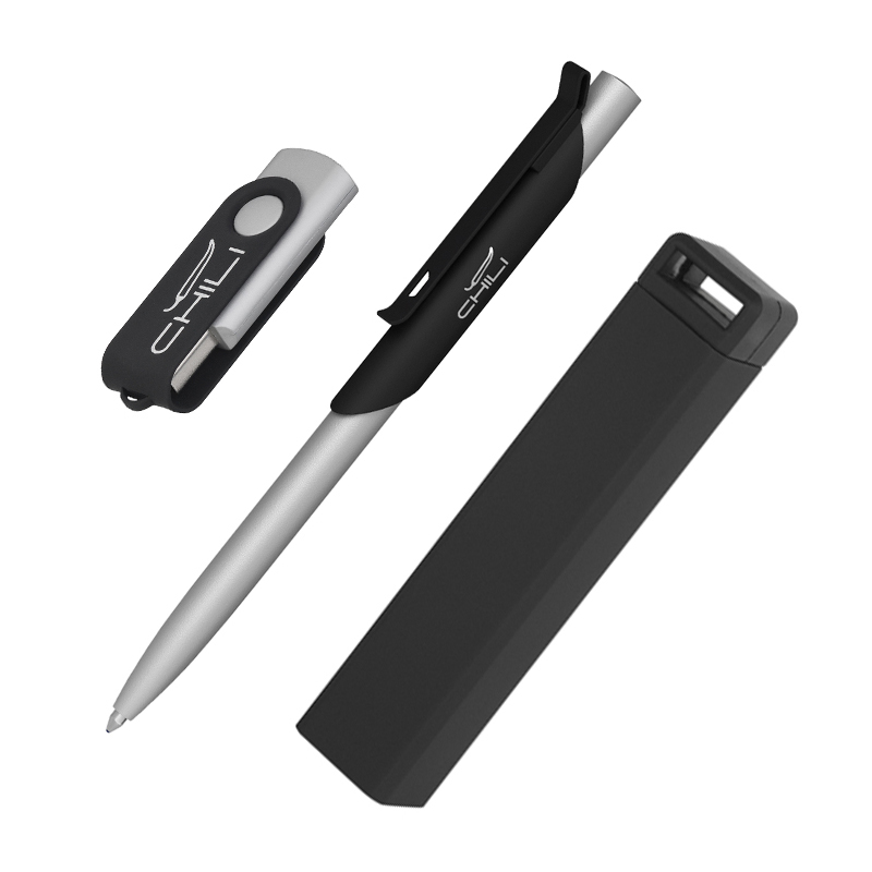 Набор ручка "Skil" + флешка "Vostok" 16Гб + зарядное устройство "Chida", емкость 2800 mAh, в футляре, цвет черный