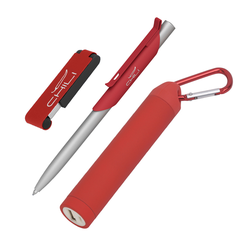 Набор ручка "Skil" + флеш-карта "Case" 8Гб + зарядное устройство "Minty", емкость 2800 mAh, в футляре, цвет красный