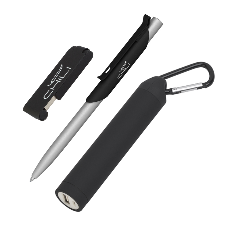 Набор ручка "Skil" + флеш-карта "Case" 8Гб + зарядное устройство "Minty", емкость 2800 mAh, в футляре, цвет черный