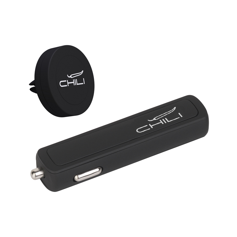 Образец набора автомобильное ЗУ "Slam" + магнитный держатель "Allo" в футляре, покрытие sоft touch, цвет черный