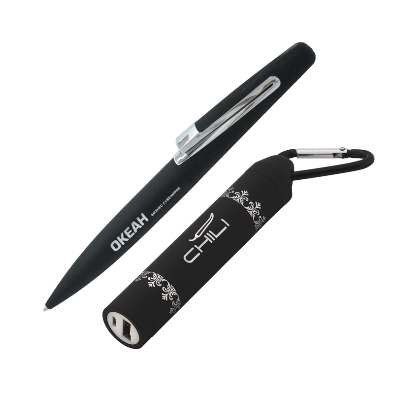 Набор ручка "Pluton" + зарядник "Minty" 2800 mAh в футляре, покрытие soft touch, цвет черный