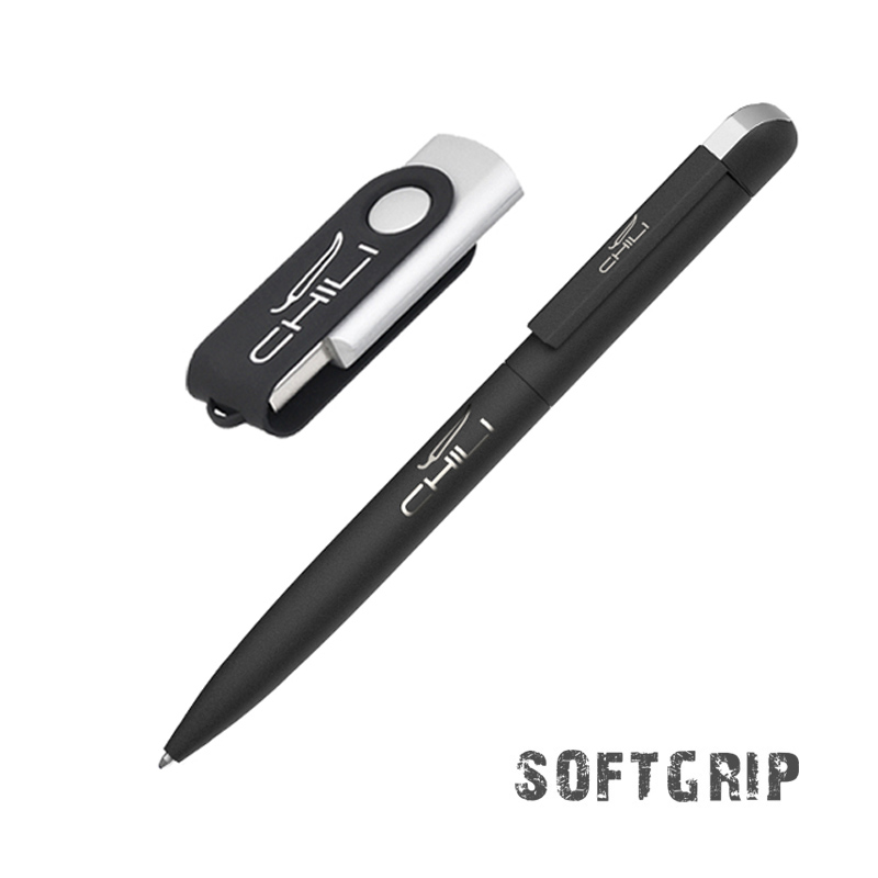 Набор ручка + флеш-карта 16 Гб в футляре, покрытие softgrip, цвет черный