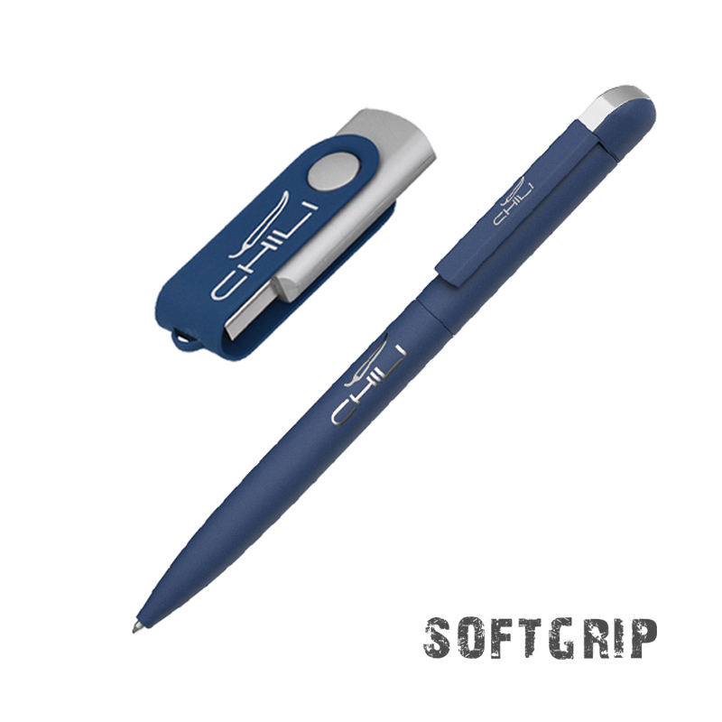 Набор ручка + флеш-карта 16 Гб в футляре, покрытие softgrip, цвет темно-синий