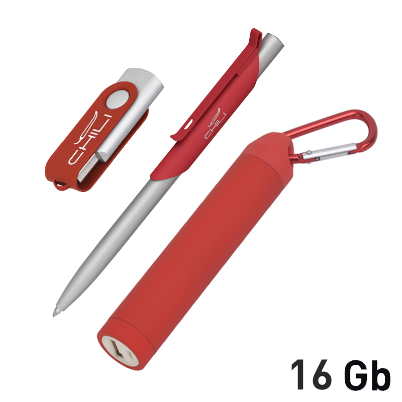 Набор ручка "Skil" + флеш-карта "Vostok" 16Гб + зарядное устройство "Minty", емкость 2800 mAh, в фут, цвет красный