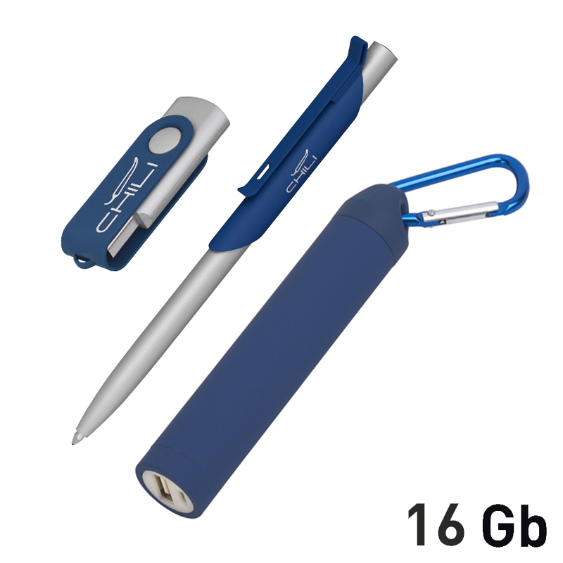 Набор ручка "Skil" + флеш-карта "Vostok" 16Гб + зарядное устройство "Minty", емкость 2800 mAh, в фут, цвет темно-синий