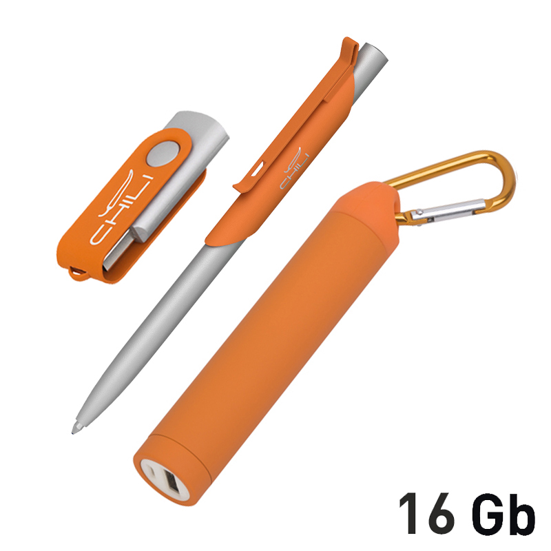 Набор ручка "Skil" + флеш-карта "Vostok" 16Гб + зарядное устройство "Minty", емкость 2800 mAh, в фут, цвет оранжевый