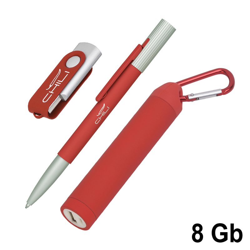 Набор ручка "Clas" + флеш-карта "Vostok" 16Гб + зарядное устройство "Minty", емкость 2800 mAh, в фут, цвет красный