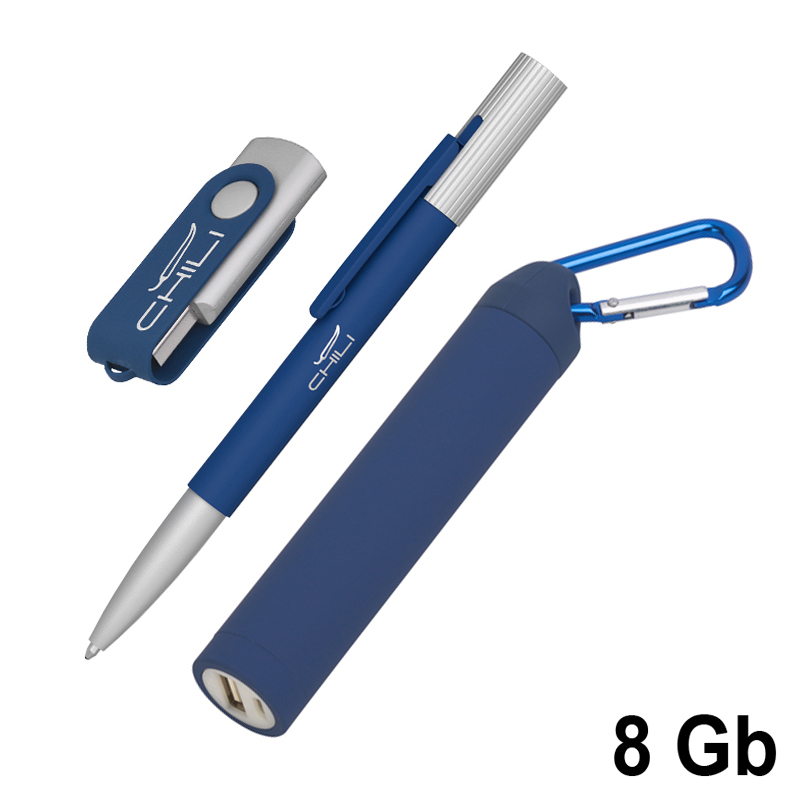 Набор ручка "Clas" + флеш-карта "Vostok" 8Гб + зарядное устройство "Minty", емкость 2800 mAh, в футл, цвет темно-синий