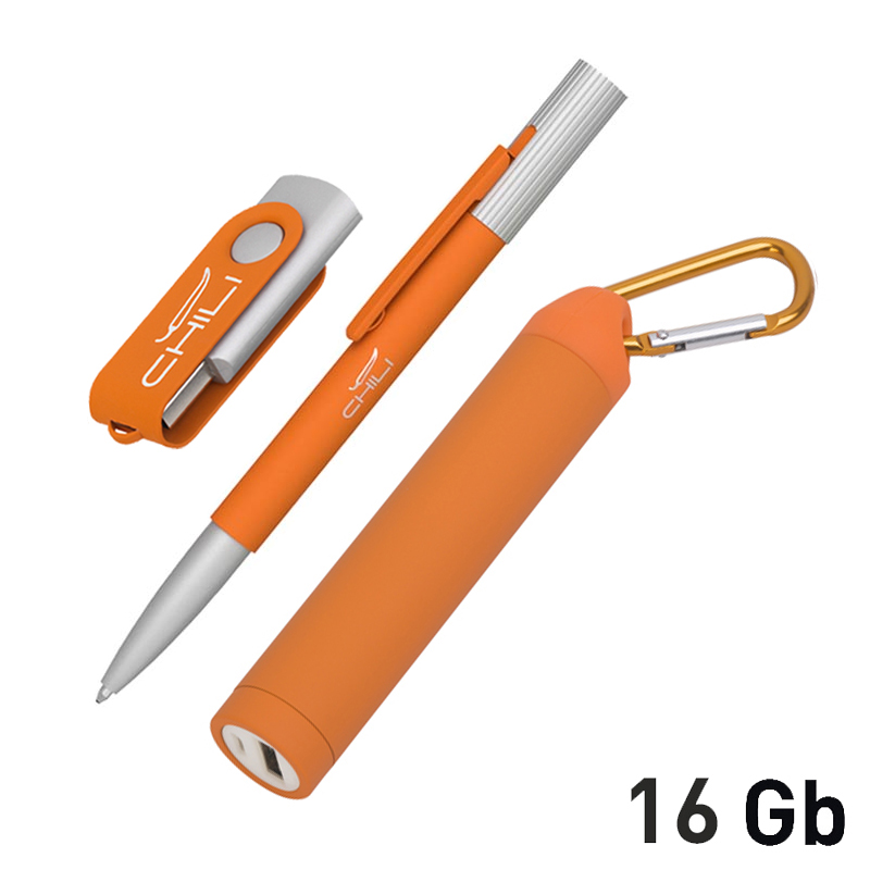 Набор ручка "Clas" + флеш-карта "Vostok" 8Гб + зарядное устройство "Minty", емкость 2800 mAh, в футл, цвет оранжевый