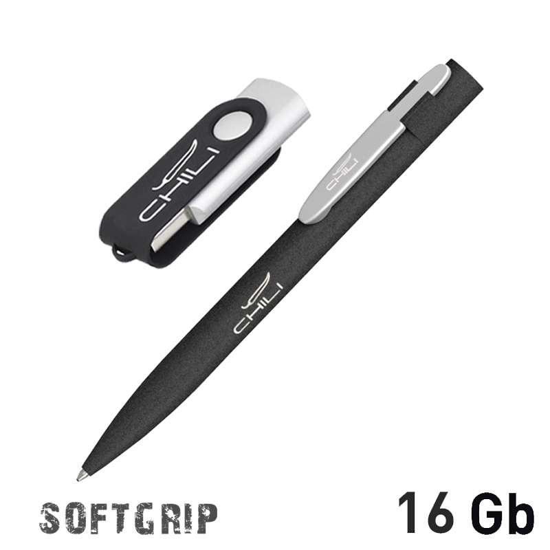 Набор ручка + флеш-карта 8 Гб в футляре, покрытие softgrip, цвет черный с серебристым
