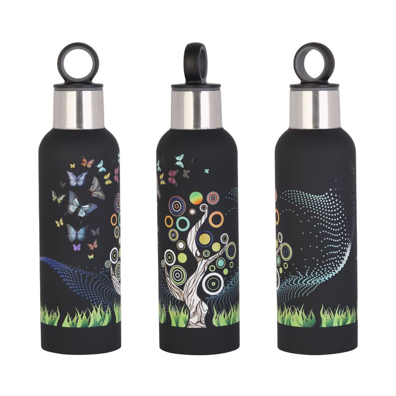 Термобутылка "Бабочки" с объемной UF печатью по окружности, покрытие soft touch, цвет черный