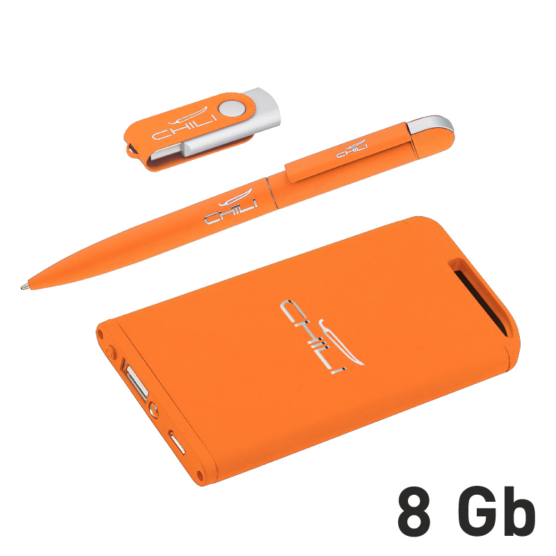 Набор ручка + флеш-карта 8Гб + зарядное устройство 4000 mAh в футляре, покрытие soft touch, цвет оранжевый