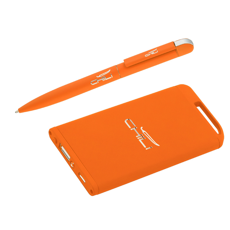 Набор ручка + зарядное устройство 4000 mAh, покрытие soft touch, цвет оранжевый