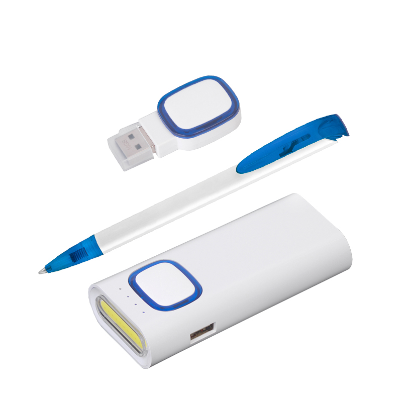 Набор ручка "JONA T" + флеш-карта 16 Гб + зарядное устройство 4400 mAh в футляре, цвет белый с синим