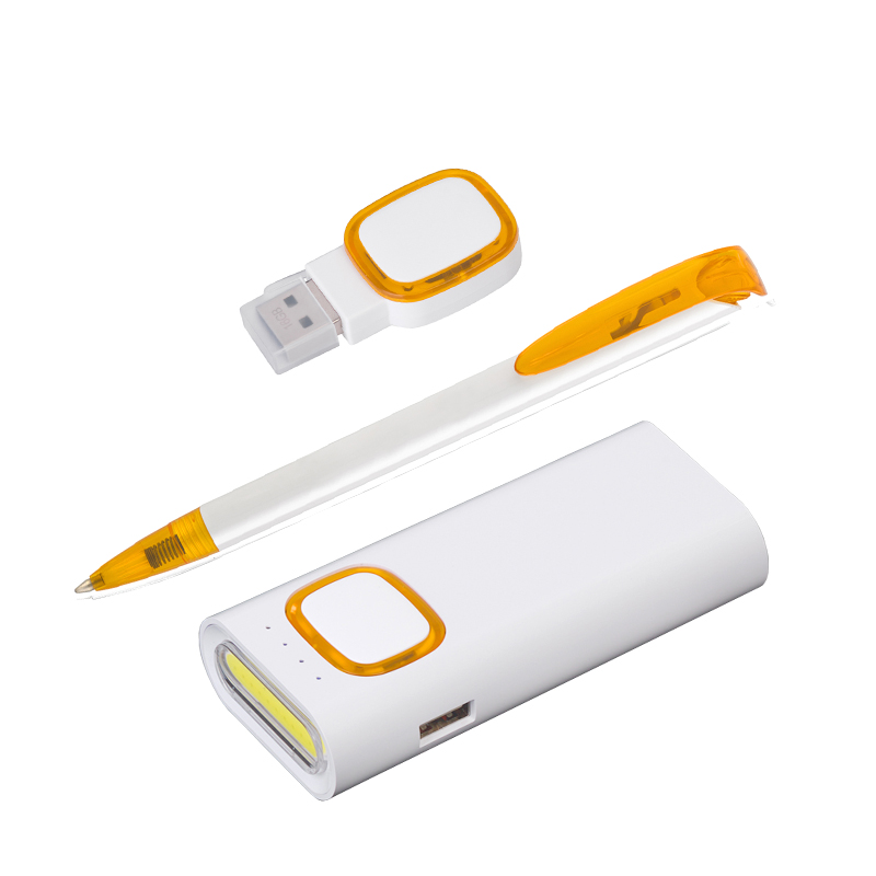 Набор ручка "JONA T" + флеш-карта 16 Гб + зарядное устройство 4400 mAh в футляре, цвет белый с оранжевым