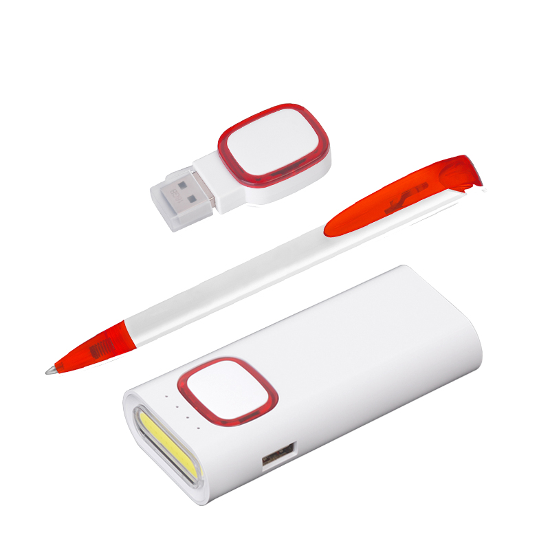 Набор ручка "JONA T" + флеш-карта 16 Гб + зарядное устройство 4400 mAh в футляре, цвет белый с красным
