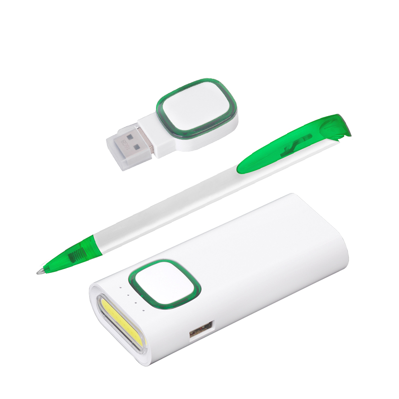 Набор ручка "JONA T" + флеш-карта 16 Гб + зарядное устройство 4400 mAh в футляре, цвет белый с зеленым