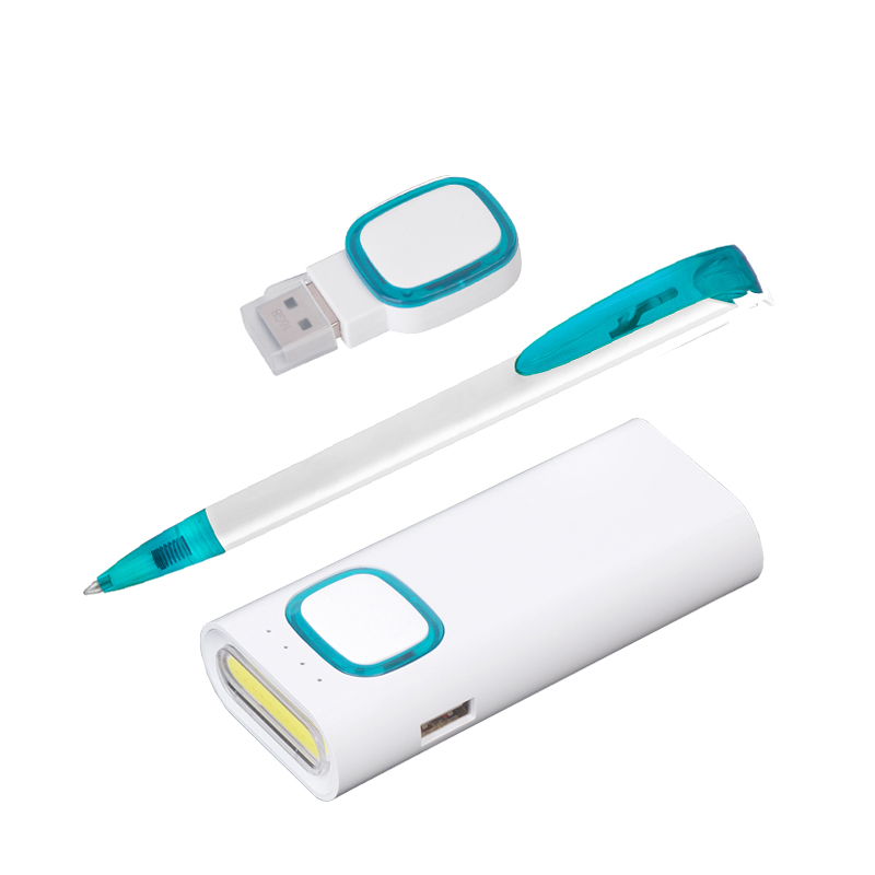Набор ручка "JONA T" + флеш-карта 16 Гб + зарядное устройство 4400 mAh в футляре, цвет белый с бирюзовым